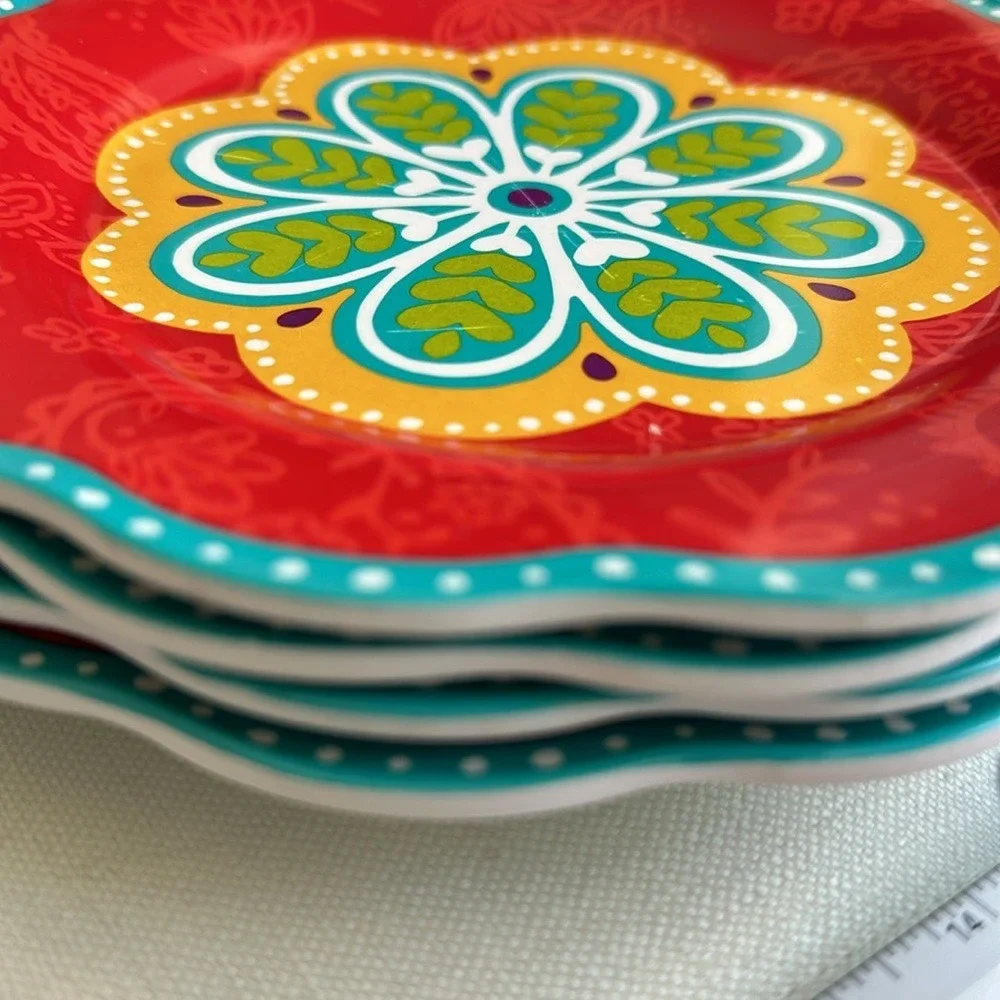 7 pc set Pier One Imports Melamine Dinner Plates Salad Sunny Bright Paisley‎ GUC